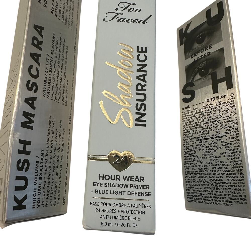 NEW Too Faced Shadow Insurance + Milk Kush High Volume Mascara in Large + Travel